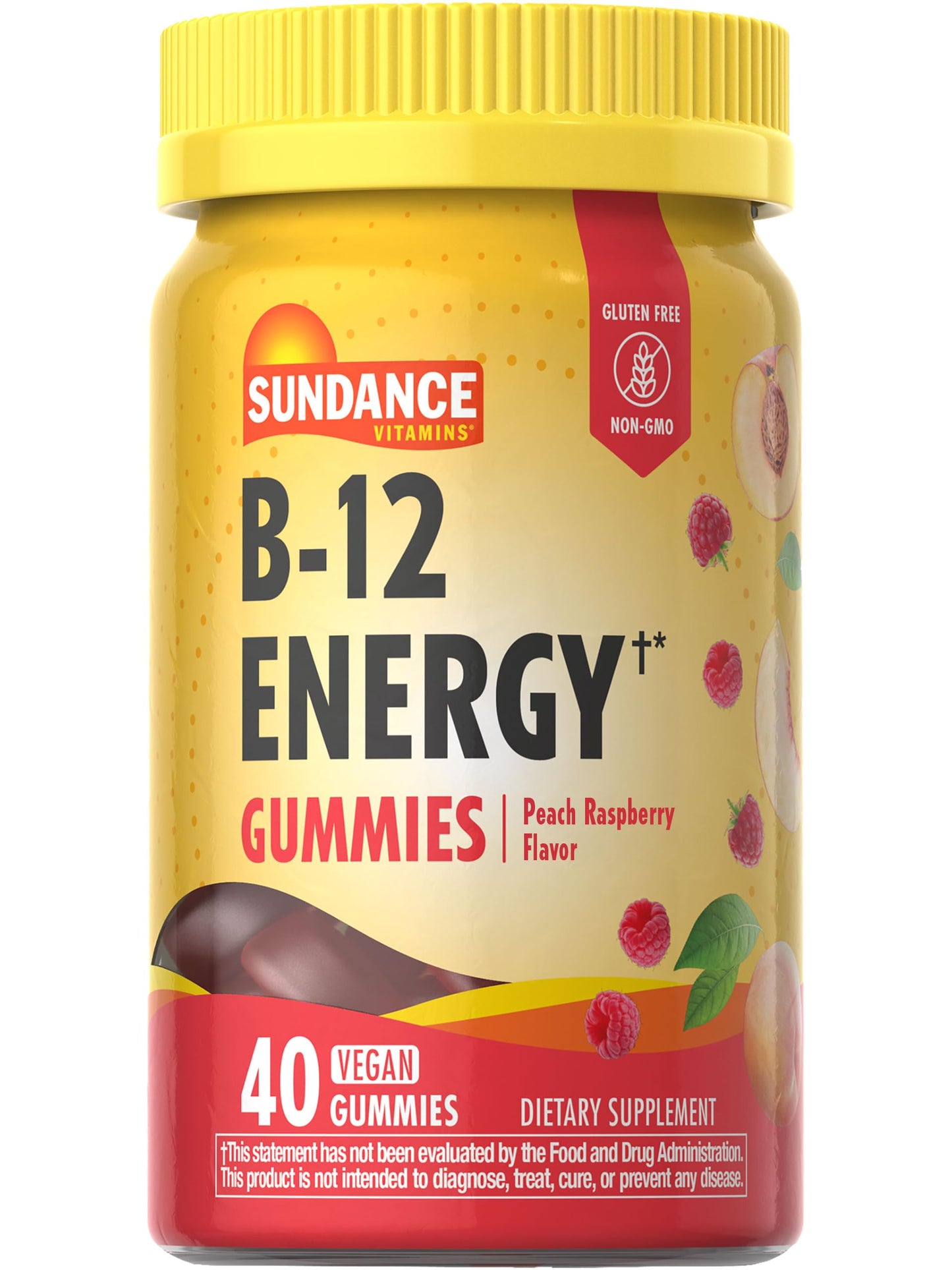 Sundance Vitamin B-12 Energy Gummies | 40 Count | Peach Raspberry Flavor | Vegan, Non-GMO, and Gluten Free Supplement