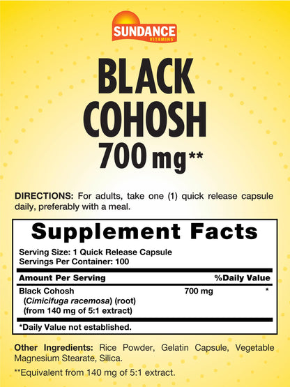Sundance Black Cohosh 700mg – 100 Quick Release Capsules | Non-GMO, Gluten Free