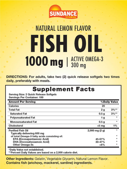 Sundance Fish Oil Softgels 1000mg with Active Omega-3 – Lemon Flavor, 200 Softgels, Non-GMO & Gluten Free