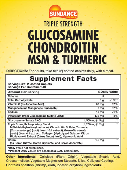 Sundance Glucosamine Chondroitin with MSM & Turmeric – Triple Strength, 80 Caplets