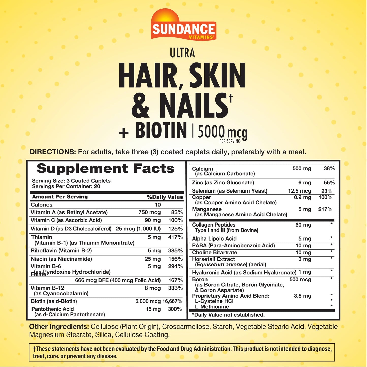 Sundance Hair, Skin & Nails Vitamins 5000mcg | Biotin & Collagen | 60 Caplets