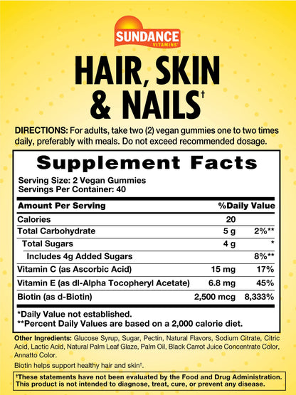 Biotin 2,500 mcg Hair, Skin & Nails Gummies – Sundance, 80 Count, Vegan & Gluten Free