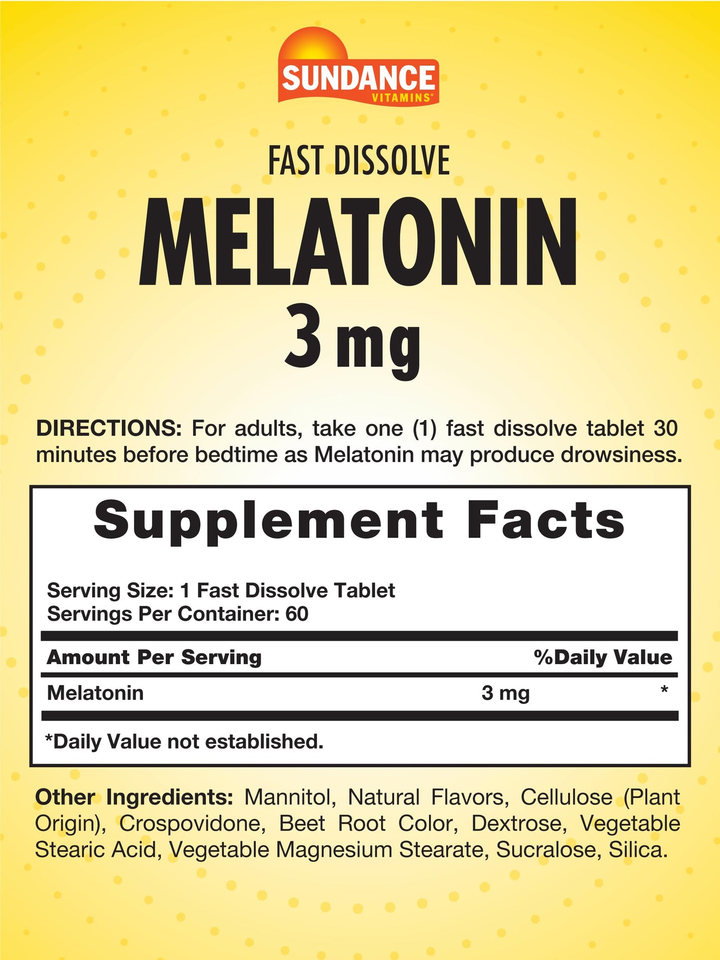 Sundance Melatonin 3mg Fast Dissolve – 60 Vegetarian Tablets | Berry Flavor | Gluten Free