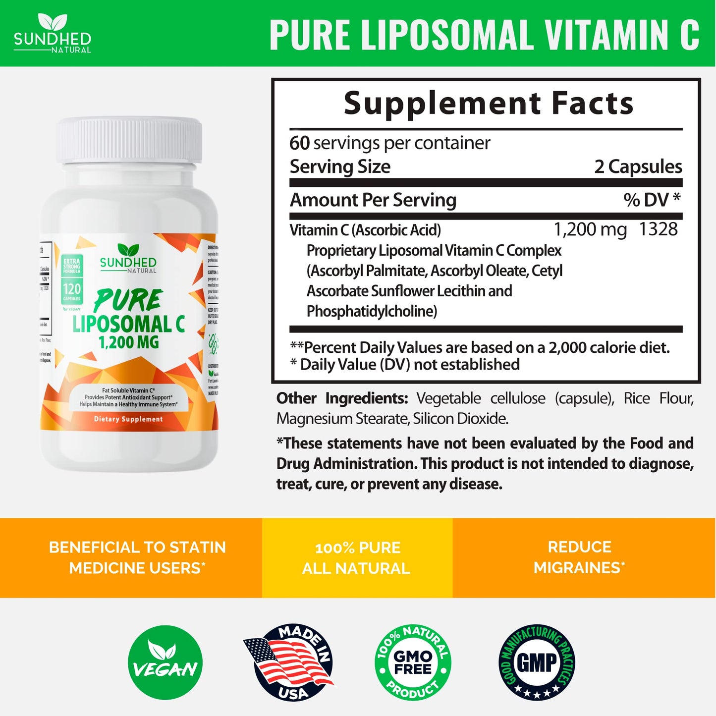 Sundhed Natural Liposomal Vitamin C - 1200mg Immune Support & Collagen Health | Pack of 2 (120 Capsules)