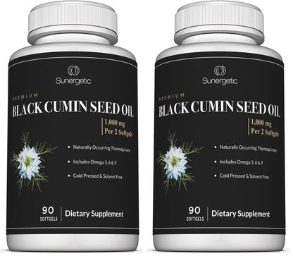 Sunergetic Black Cumin Seed Oil Softgels – 1,000mg per Serving | Pack of 2 (90 Softgels Each)