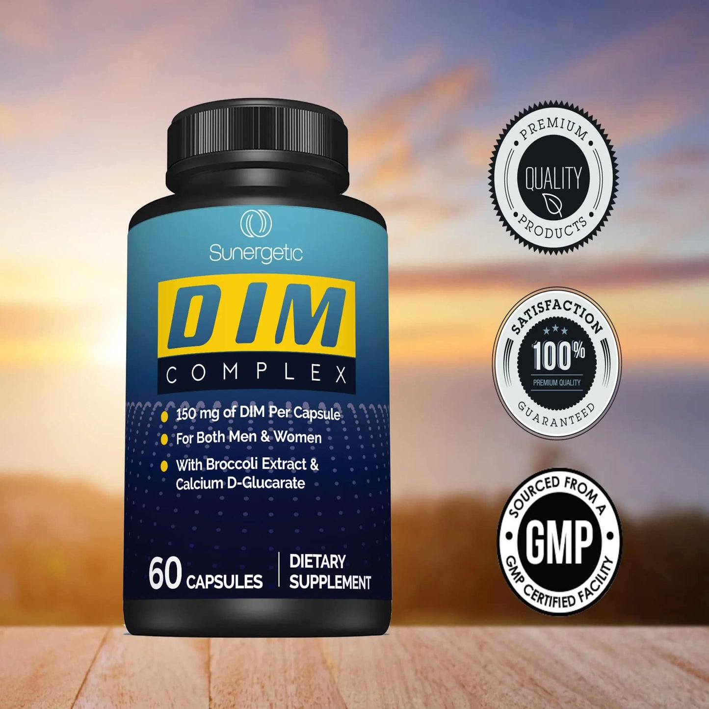 Sunergetic Premium DIM Supplement – 150mg DIM, Bioperine, Broccoli & Calcium D-Glucarate | 60 Capsules