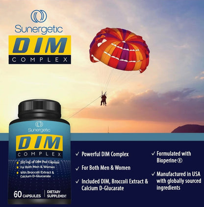 Sunergetic Premium DIM Supplement – 150mg DIM, Bioperine, Broccoli & Calcium D-Glucarate | 60 Capsules