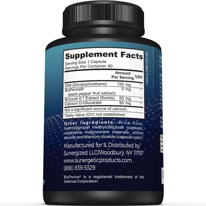 Sunergetic Premium DIM Supplement – 150mg DIM, Bioperine, Broccoli & Calcium D-Glucarate | 60 Capsules
