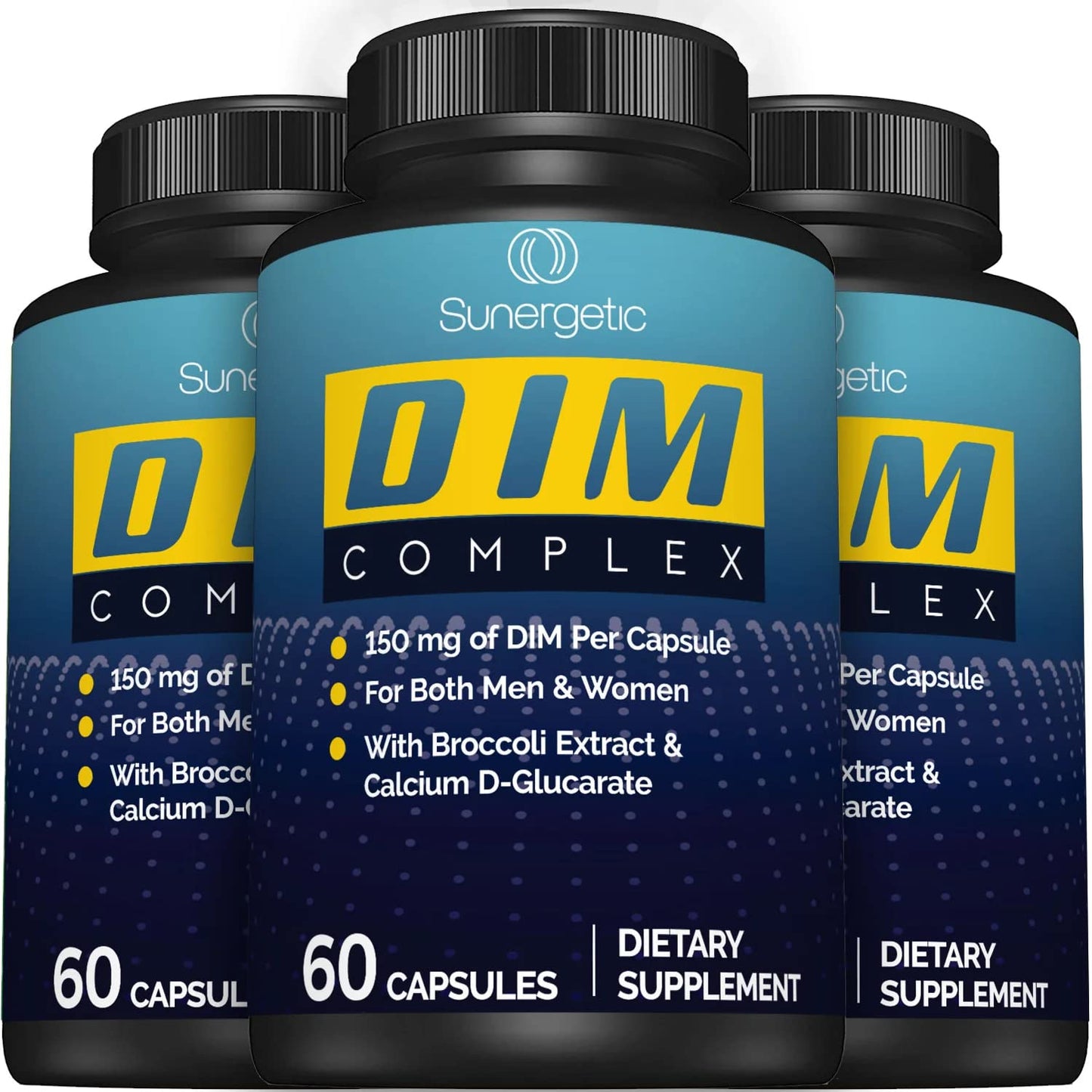 Sunergetic Premium DIM Supplement – 150mg DIM, Bioperine, Broccoli & Calcium D-Glucarate | 60 Capsules