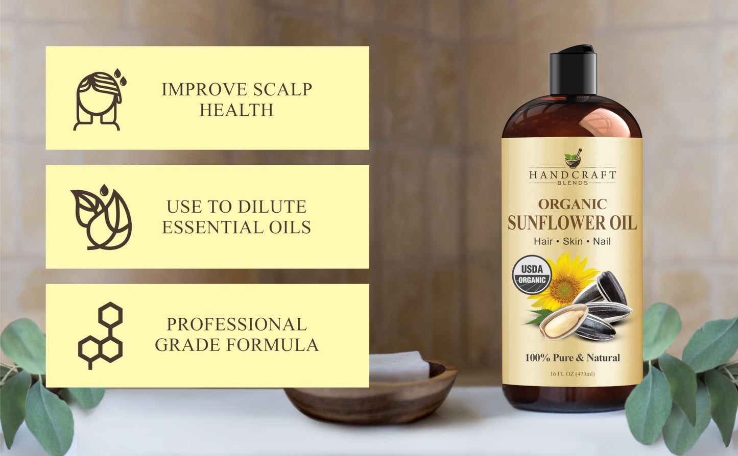 Handcraft Blends USDA Organic Sunflower Oil - Cold-Pressed 16 Oz - 100% Pure and Natural - Premium Grade Carrier Oil for Skin and Hair - Hair and Body - Massage - Hexane-Free