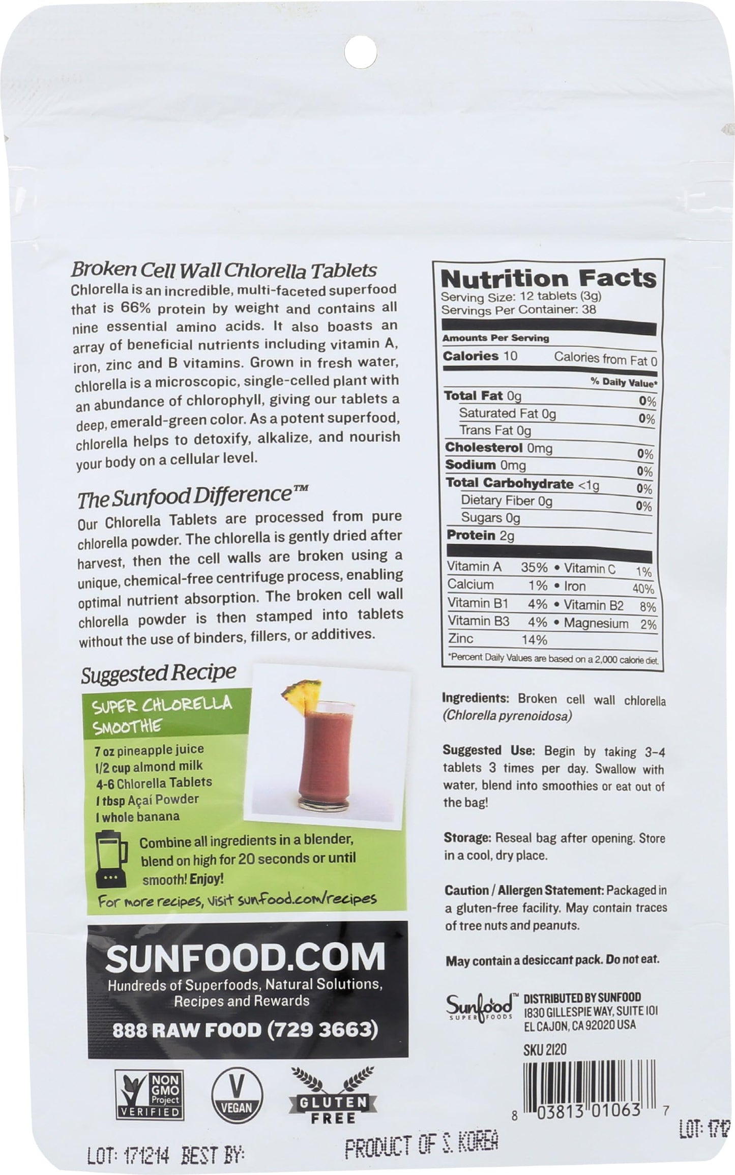 Sunfood Chlorella Tablets – Broken Cell Wall, Vegan, Non-GMO, 4 oz Bag