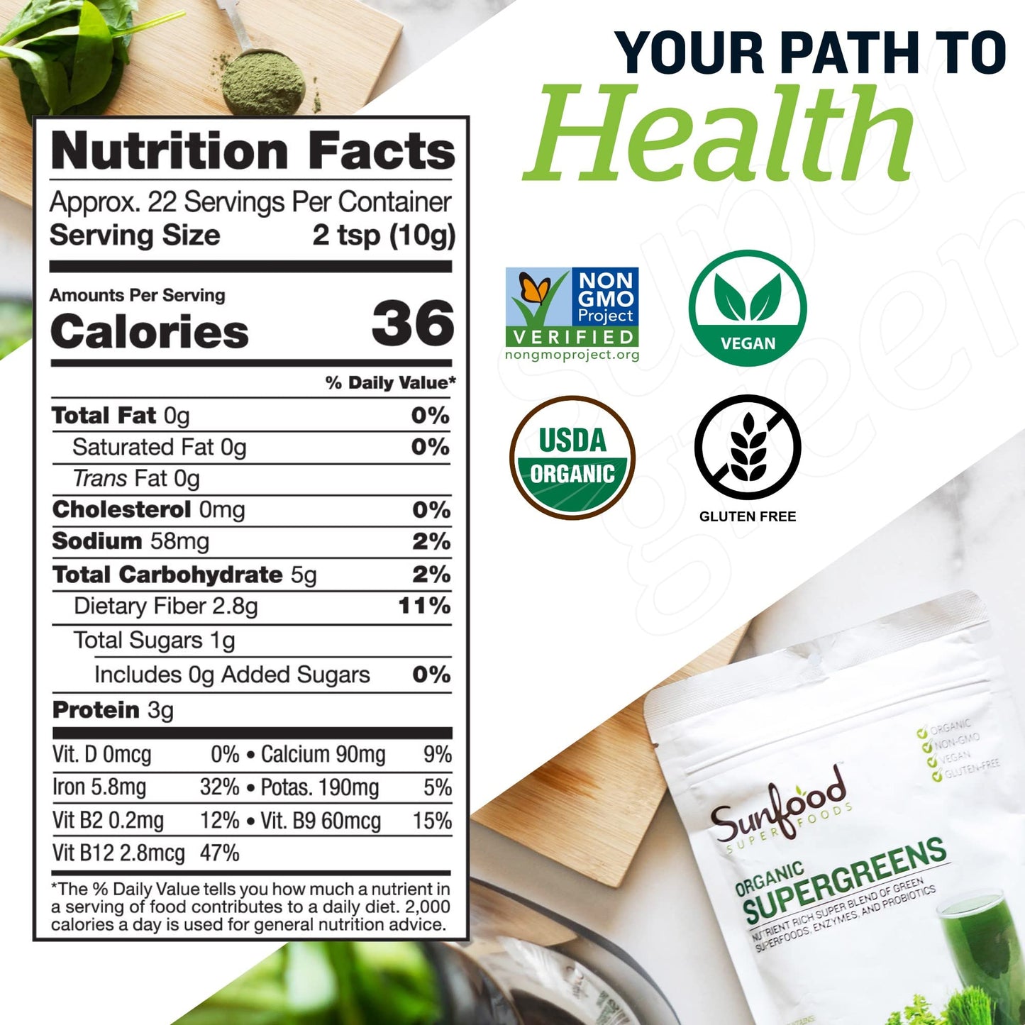 Sunfood Supergreens - Organic Greens Powder with Probiotics (8 oz)