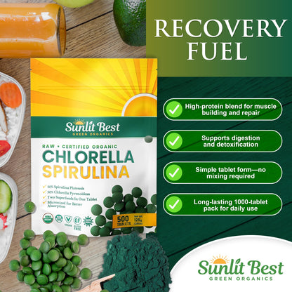 Sunlit Best Chlorella Spirulina Tablets – Organic USDA, 500 Pills