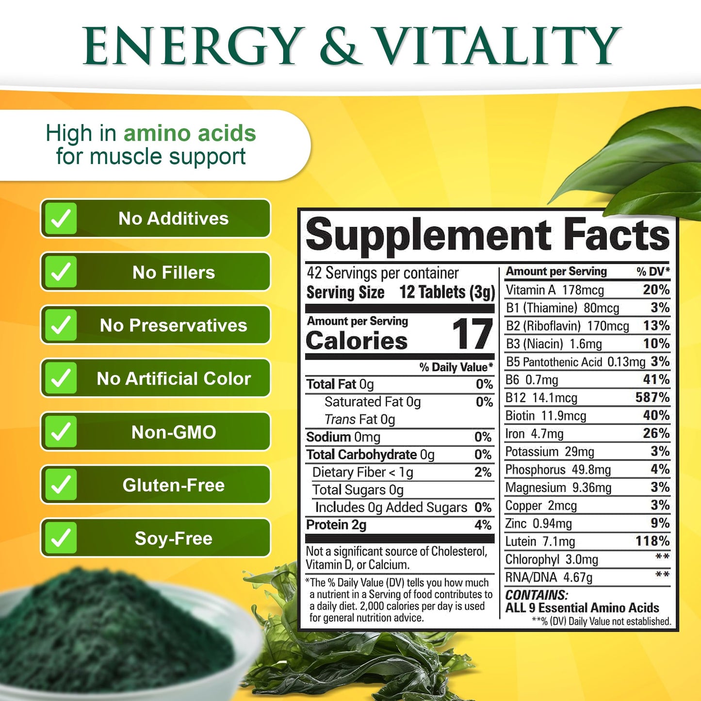 Sunlit Best Chlorella Spirulina Tablets – Organic USDA, 500 Pills
