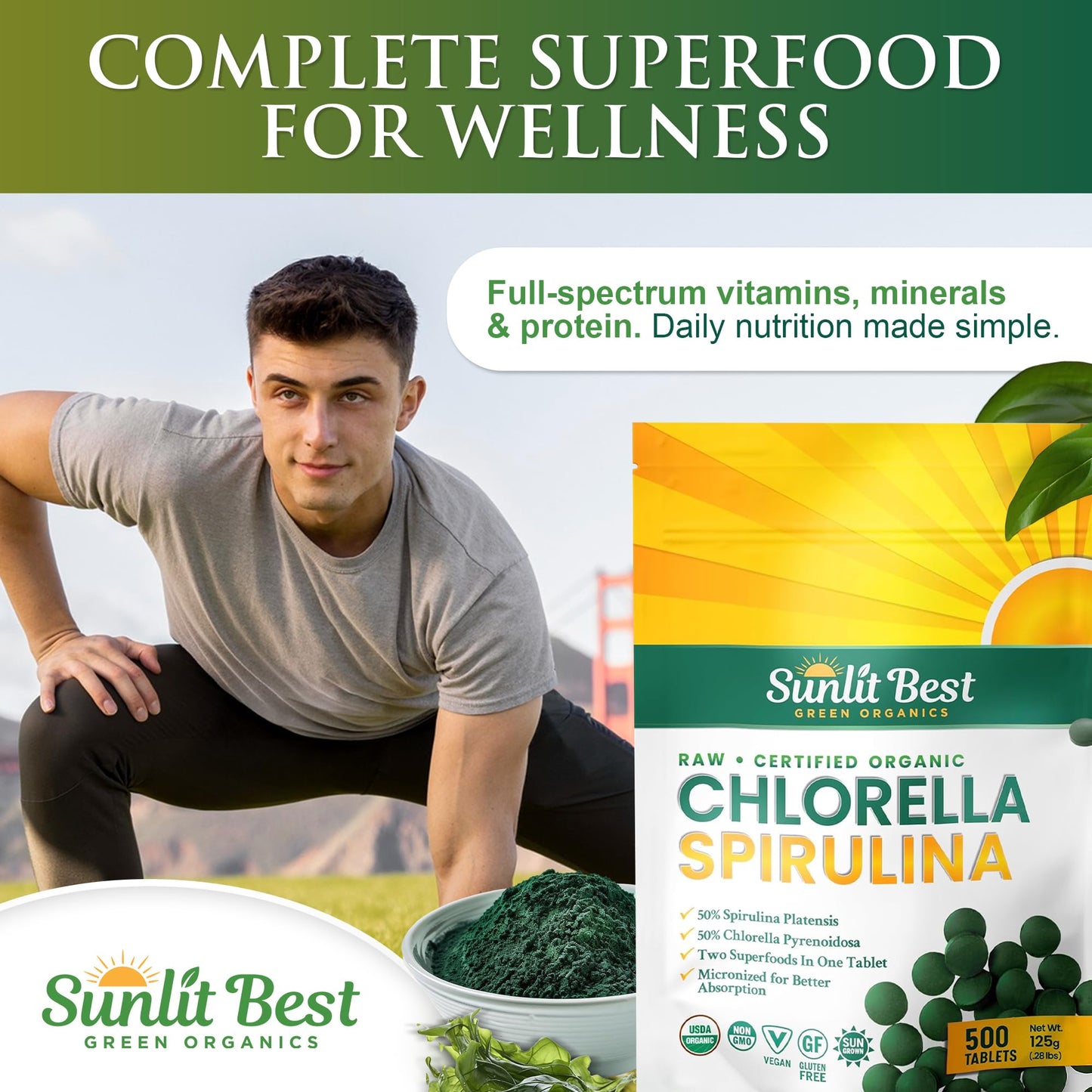 Sunlit Best Chlorella Spirulina Tablets – Organic USDA, 500 Pills
