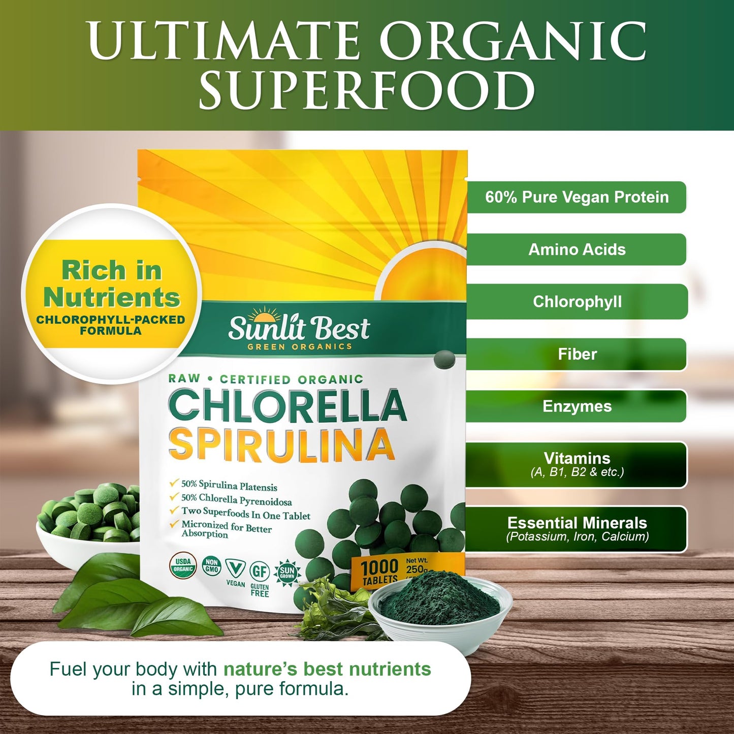 Sunlit Best Organic Burst Chlorella Spirulina Tablets - 1000 Count