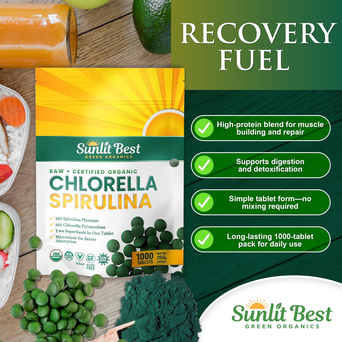 Sunlit Best Organic Burst Chlorella Spirulina Tablets - 1000 Count