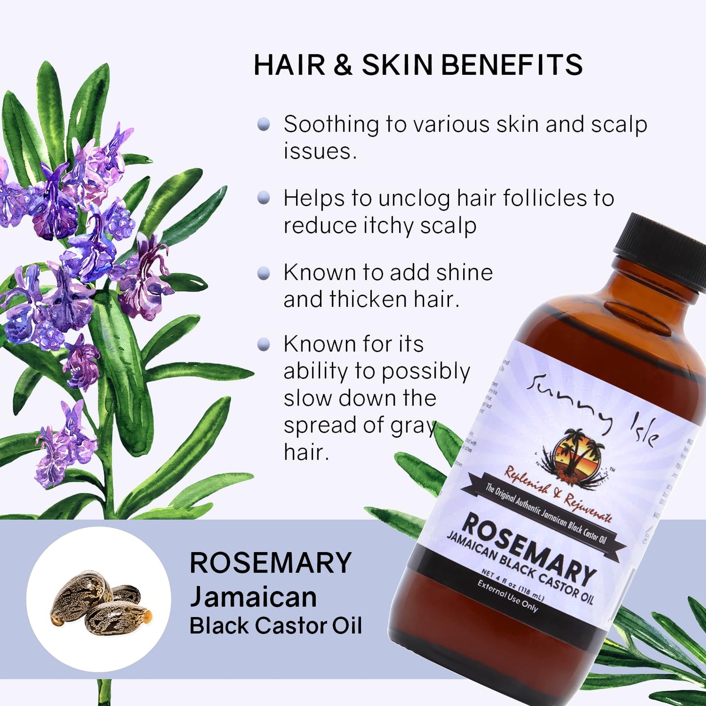 Sunny Isle Rosemary Jamaican Black Castor Oil 4oz | Hair Growth Treatment for Scalp & Acne-Prone Skin