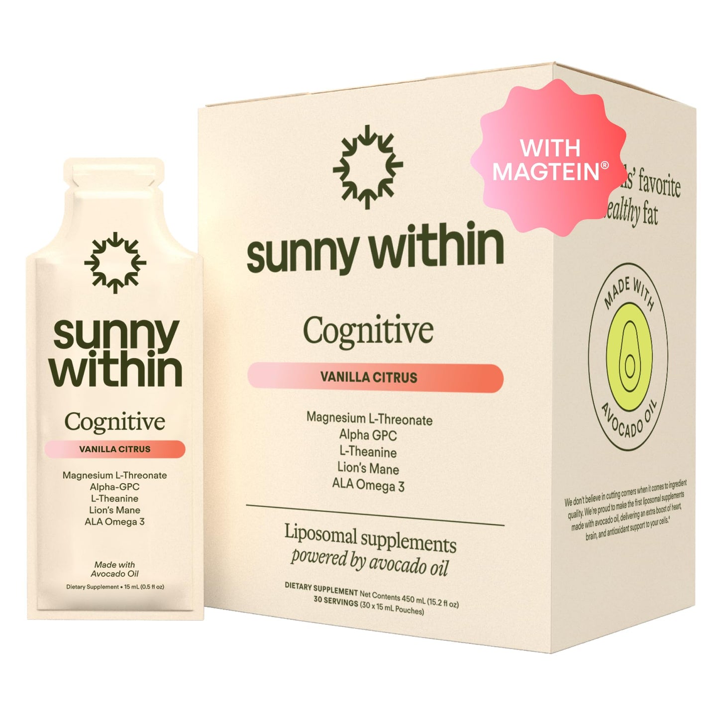Sunny Within Brain Health Supplement | Magnesium L-Threonate, Lion’s Mane, Alpha GPC | 30 Daily Vegan Pouches
