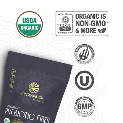 Sunwarrior Be Well Prebiotic Fiber Supplement - Organic Plant-Powered Gut Health (Vegan, Non-GMO) 8oz Pouch | 30 Servings