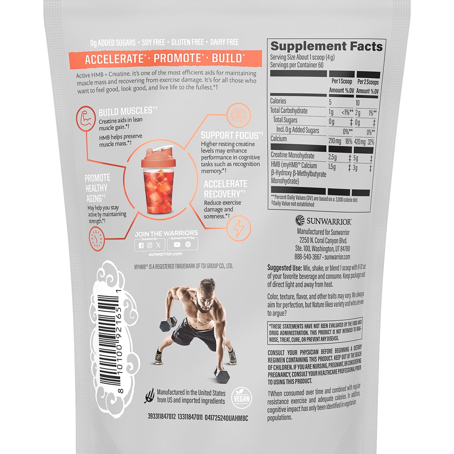 Sunwarrior Creatine HMB Monohydrate Powder – 240g | Pre-Workout Supplement for Men & Women