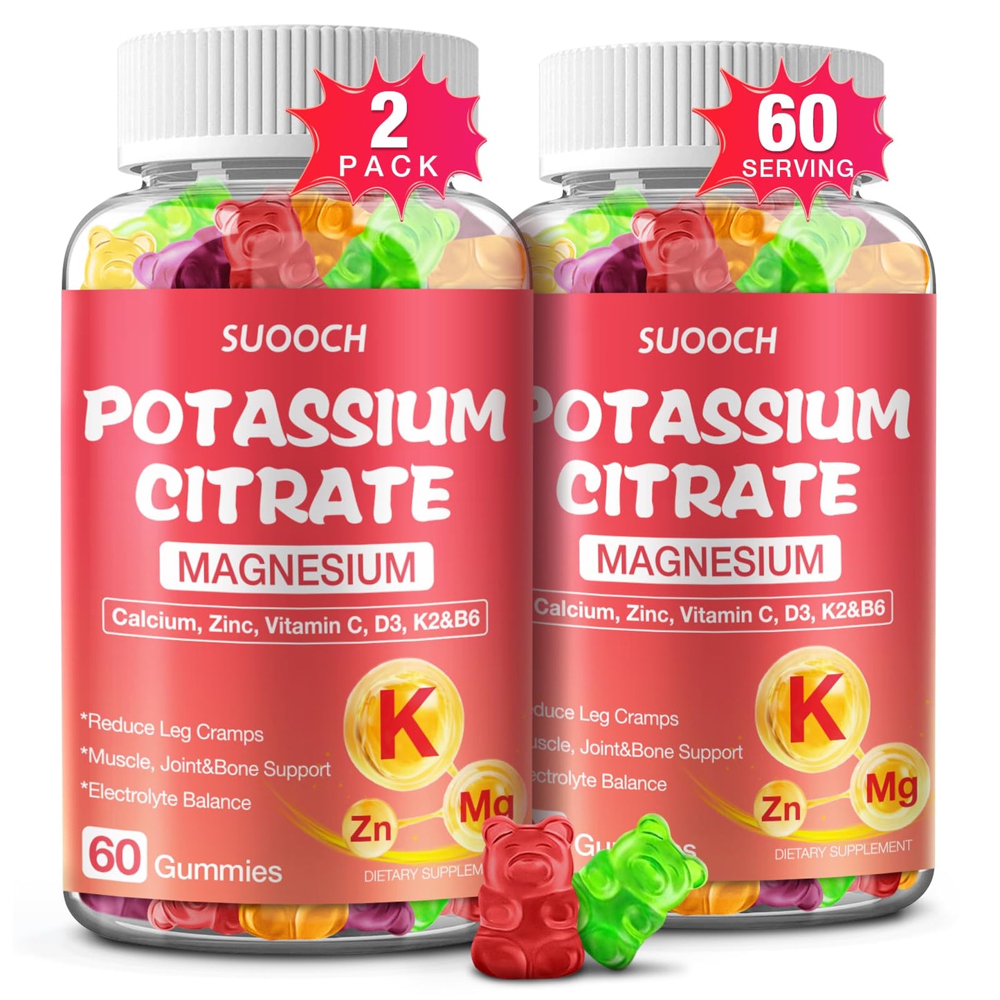 SUOOCH 2 Pack Potassium Citrate Gummies – 1200mg Potassium, Chewable Electrolyte Support for Muscle Health & Cramps