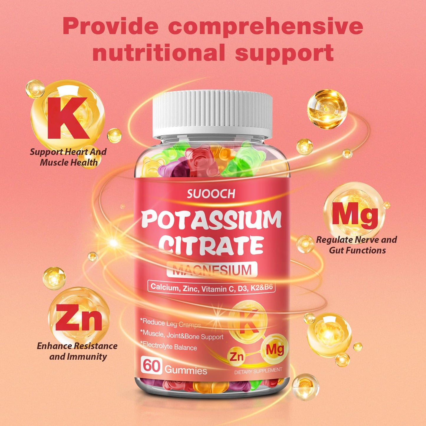 SUOOCH 2 Pack Potassium Citrate Gummies – 1200mg Potassium, Chewable Electrolyte Support for Muscle Health & Cramps