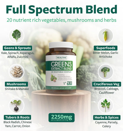 Super Greens Antioxidants Superfoods 2250mg – 20 Ingredients | NON-GMO, Vegan | 120 Capsules