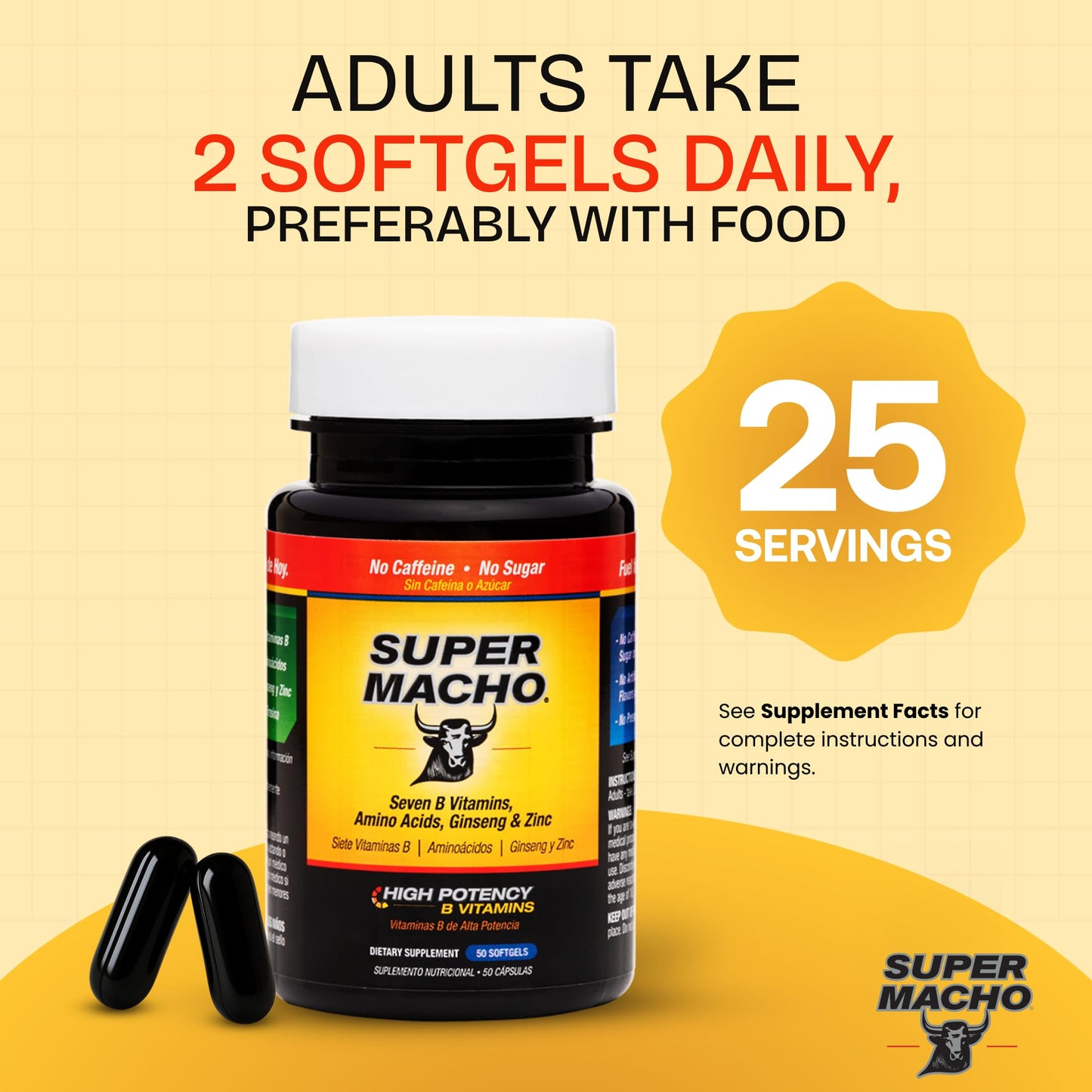Super Macho, High Potency B Vitamins and Amino Acids, Fuel for Today's Active Men, No Caffeine, No Sugar, Dietary Supplement, Made in USA, 50 Softgels