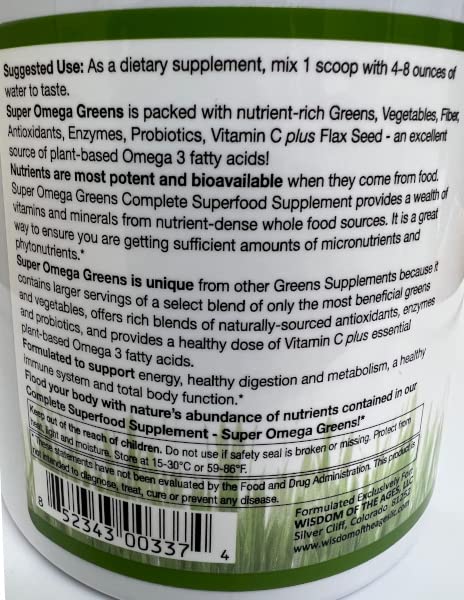 Super Omega Greens Complete Superfood Powder – Greens, Vegetables, Flax & Probiotics | 7.9 oz