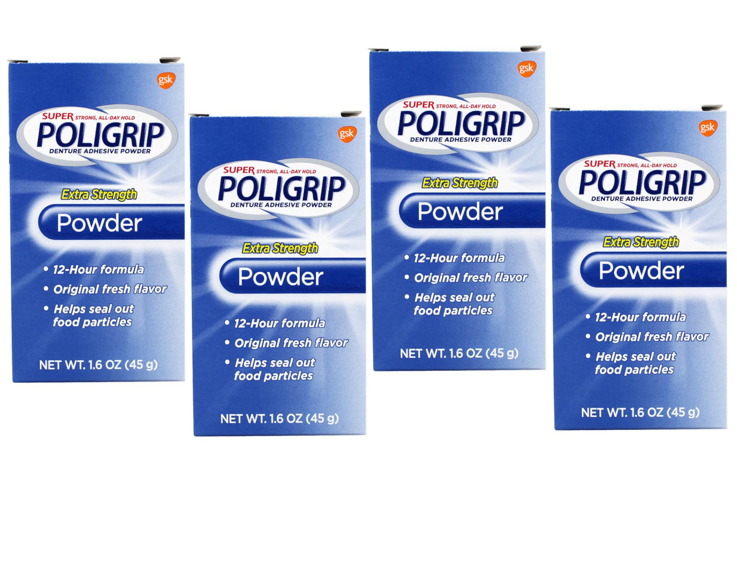 Super Poligrip Denture Adhesive Powder 1.6 oz Pack of 4 | Extra Strength Hold