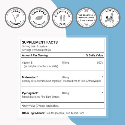 SuperSmart Eye Pressure Control Supplement - Mirtoselect Bilberry & Pycnogenol - 30 Vegetarian Capsules | Non-GMO & Gluten Free