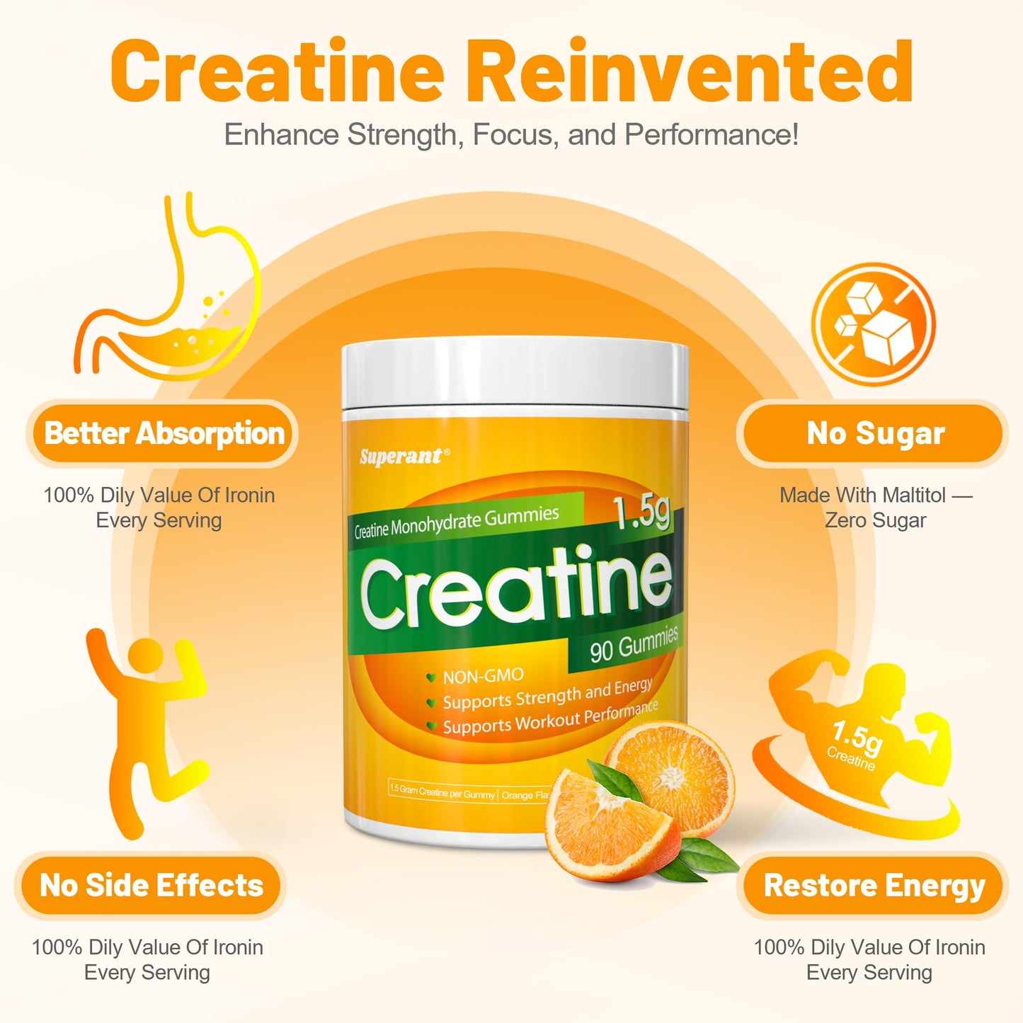 SUPERANT Creatine Gummies – 1.5g per Gummy, 90-count, Vegan