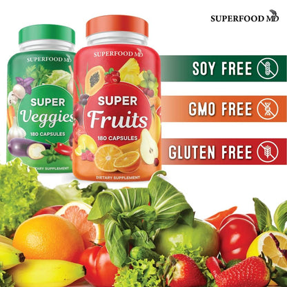 Superfood MD Fruit & Veggie Supplement – 360 Total Capsules (180 Per Bottle) Beta-Carotene, Soy Free – 2-Pack