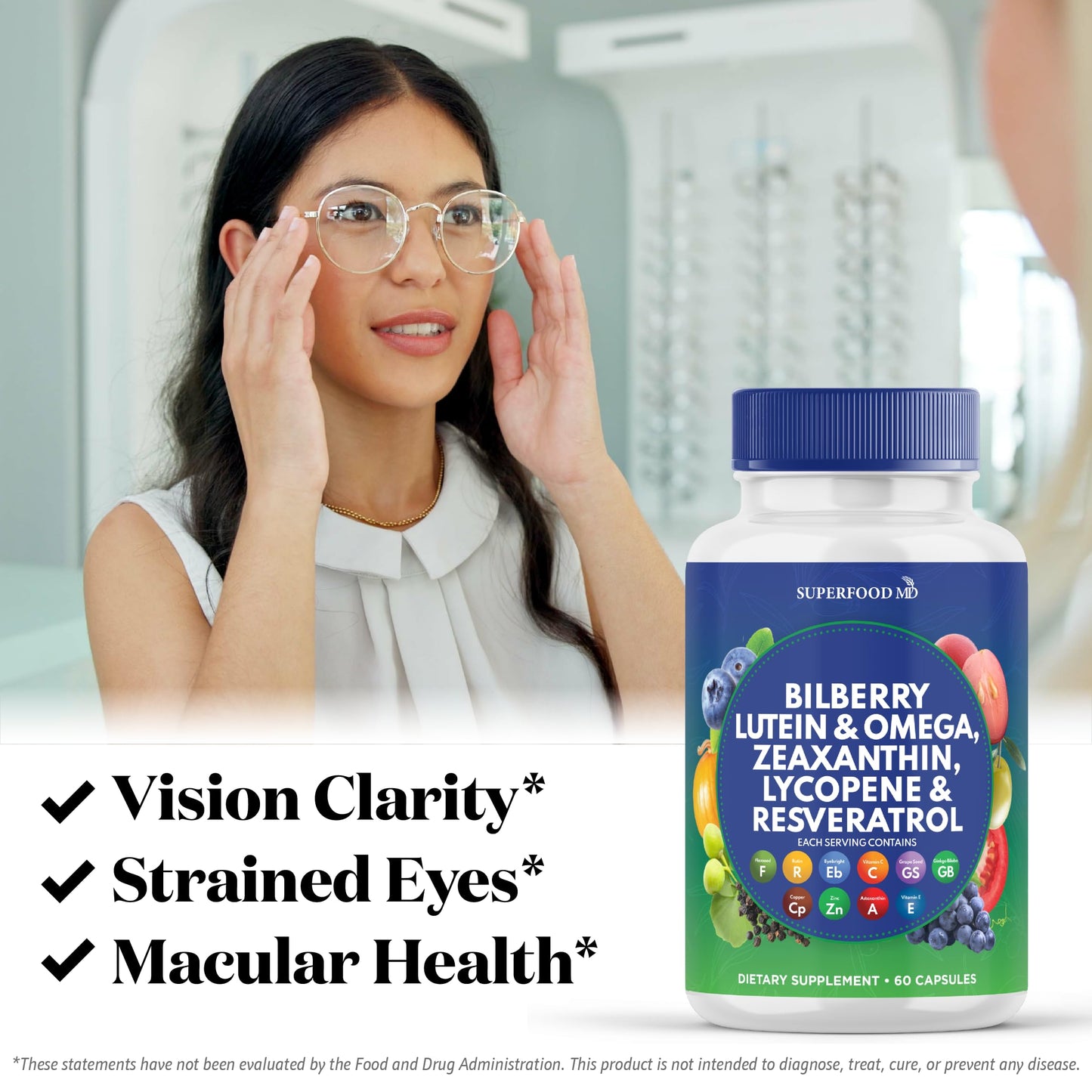 Superfood MD Eye Health Vitamins AREDS2 Bilberry Lutein Zeaxanthin - 180 Capsules