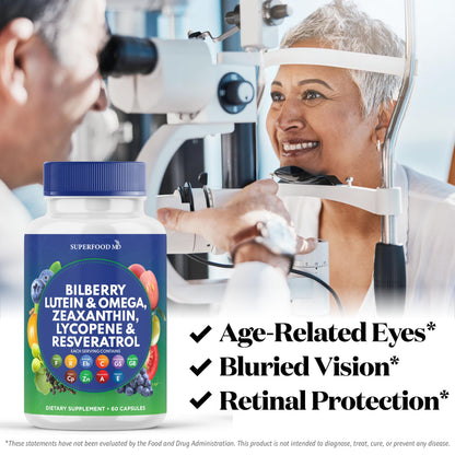 Superfood MD Eye Health Vitamins AREDS2 Bilberry Lutein Zeaxanthin - 180 Capsules