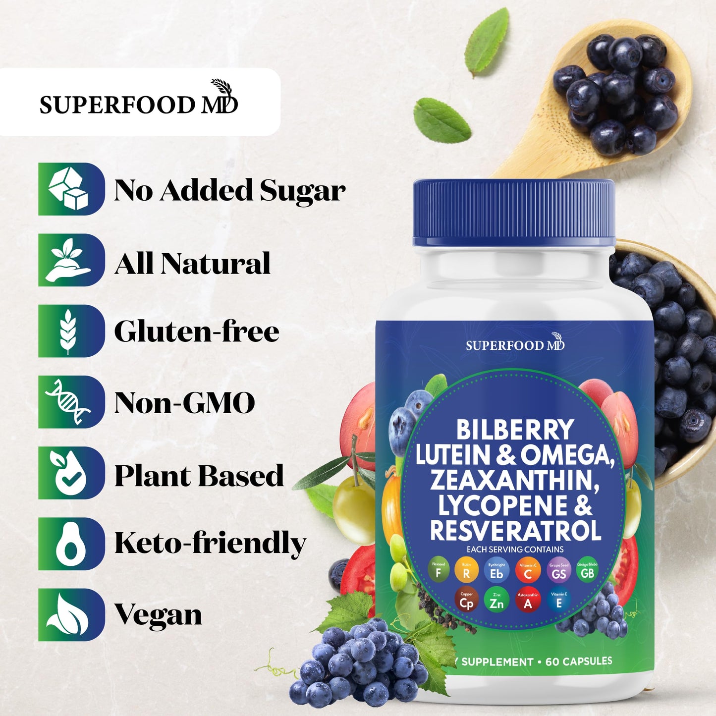 Superfood MD Eye Health Vitamins AREDS2 Bilberry Lutein Zeaxanthin - 180 Capsules