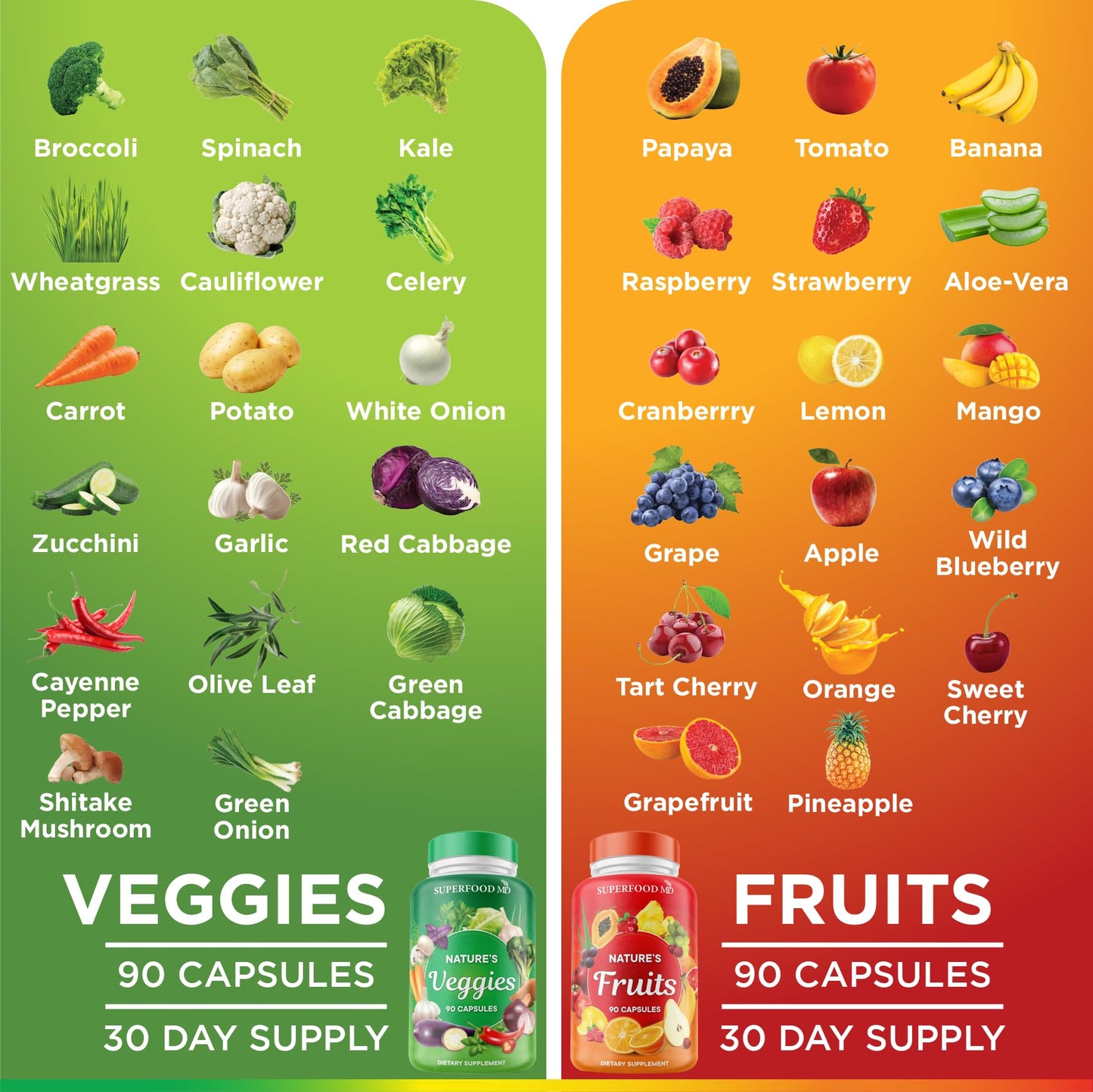 Superfood MD Fruits & Veggies Supplement - Whole Food Beta Carotene - Soy Free - 90 Count (Pack of 2)