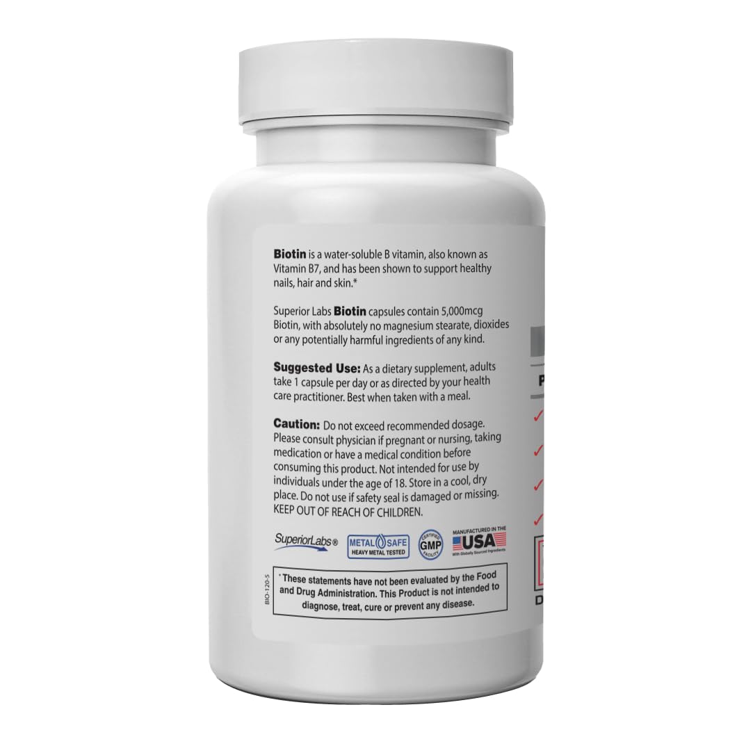 Superior Labs Biotin 5000 mcg Non-GMO – Hair, Nails & Lashes | 120 Veggie Caps