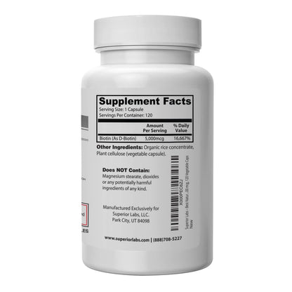 Superior Labs Biotin 5000 mcg Non-GMO – Hair, Nails & Lashes | 120 Veggie Caps