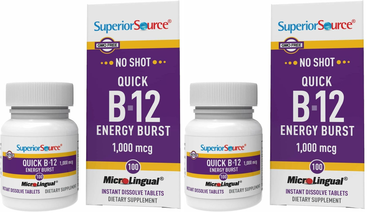 Superior Source B-12 1000 mcg Quick Energy Burst - MicroLingual Tablets (Pack of 2) - Non-GMO & Gluten-Free