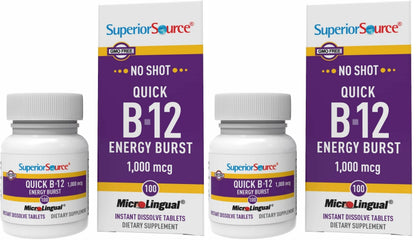 Superior Source B-12 1000 mcg Quick Energy Burst - MicroLingual Tablets (Pack of 2) - Non-GMO & Gluten-Free