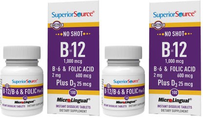 Superior Source No Shot B-12 1000 mcg + B-6, Folic Acid & D-3 1000 IU – Sublingual Tablets (Pack of 2)