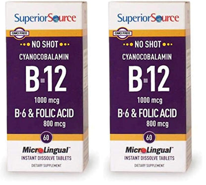 Superior Source No Shot B-12 1000 mcg + B-6 & Folic Acid 800 mcg – Sublingual Tablets, Pack of 2 (60 Tablets Per Bottle) – Supports Brain & Heart Health