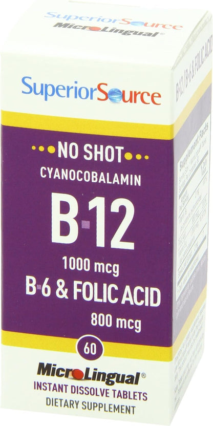 Superior Source No Shot B-12 1000 mcg + B-6 & Folic Acid 800 mcg – Sublingual Tablets, Pack of 2 (60 Tablets Per Bottle) – Supports Brain & Heart Health