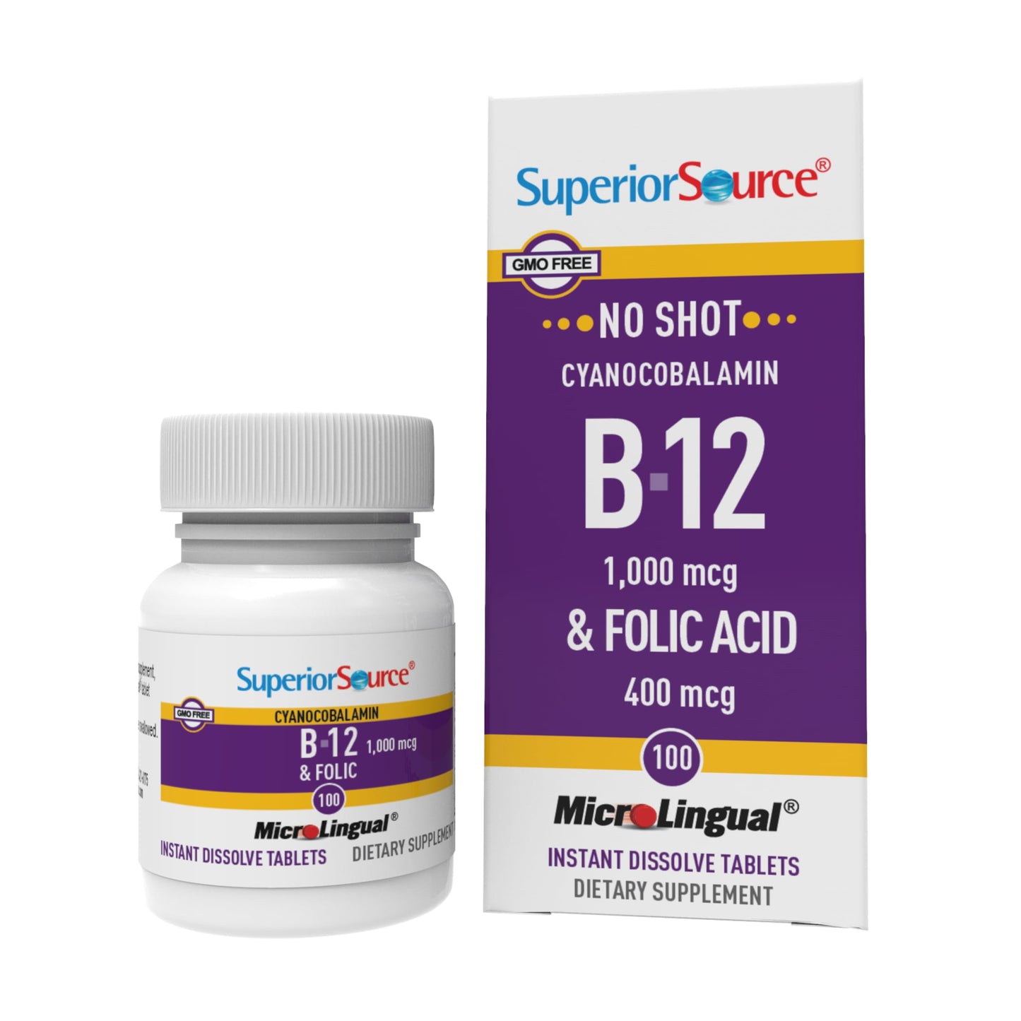 Superior Source No Shot B-12 (Cyanocobalamin) 1000 mcg & Folic Acid 400 mcg — Sublingual 100 Tablets
