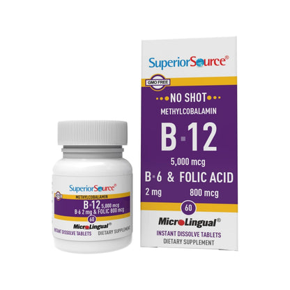 Superior Source No Shot B12 Methylcobalamin 5000 mcg + B6 & Folic Acid - Sublingual 60 Count