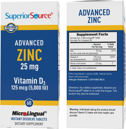 Superior Source Advanced Zinc 25 mg + Vitamin D3 5000 IU – Immune Support, 60 MicroLingual Tablets (Pack of 2) – Non-GMO & Gluten-Free