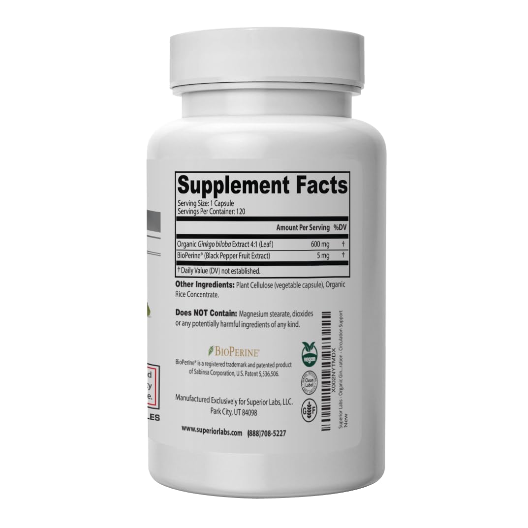 SuperiorLabs Ginkgo Biloba 1200 mg - Non-GMO, Black Pepper Absorption