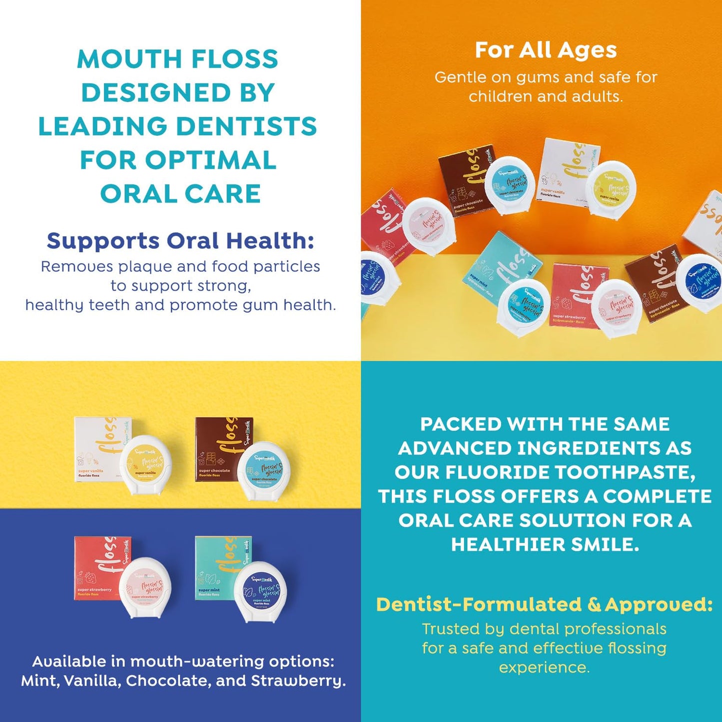 SuperMouth Fluoride Floss – Patented Expanding, 40% More Plaque, 4 Flavors